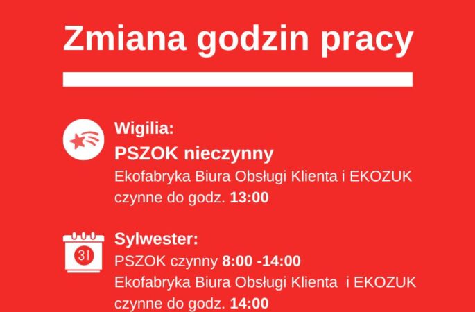 Zmiana godzin pracy w dniach 24.12 i 31.12.2024r.